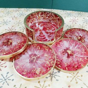 Handmade Resin Holiday 3D Flower Coasters Set of 4 with Holder